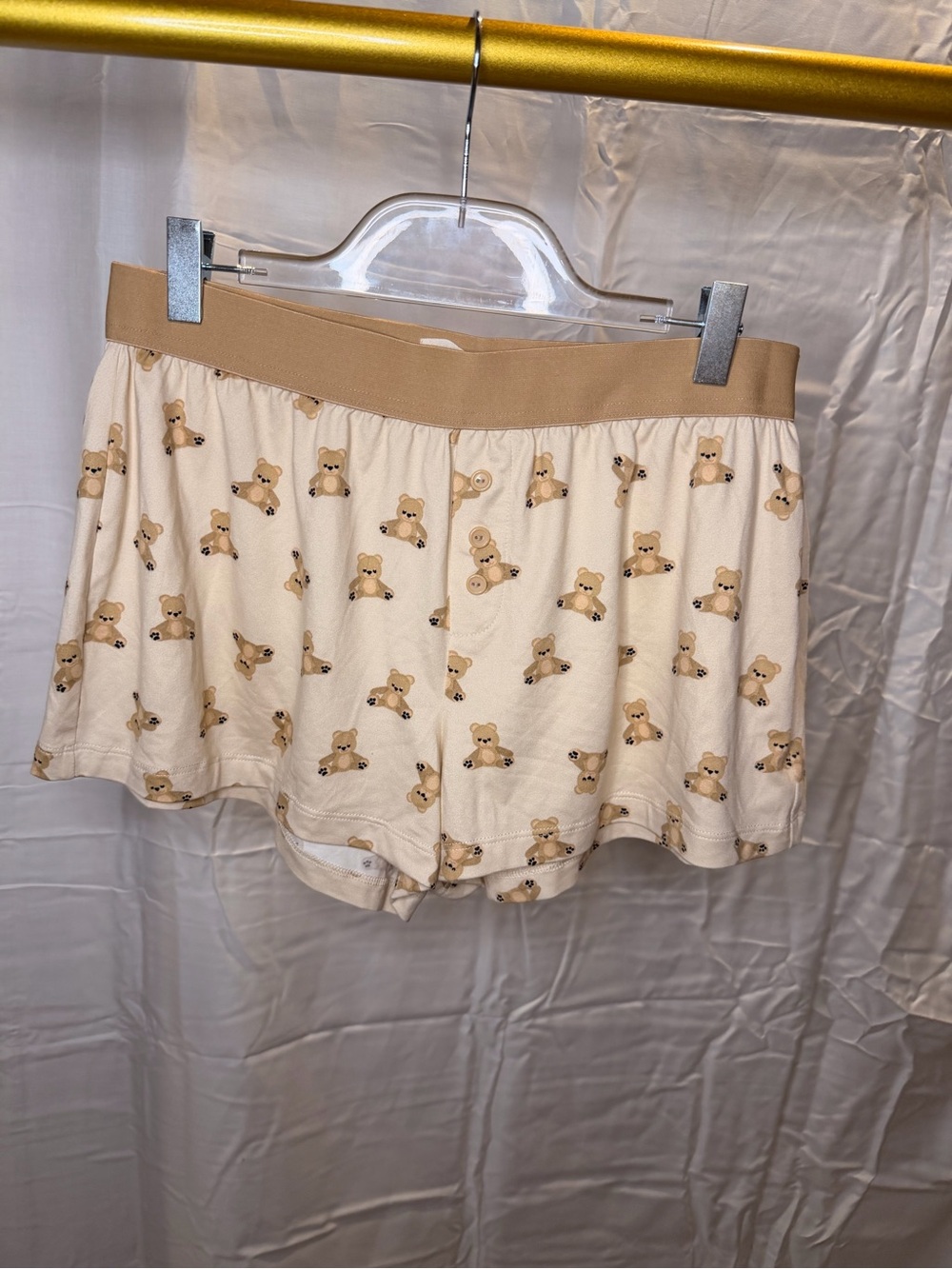 Women's Beige Teddy Print Sleep Shorts with Elastic Waist